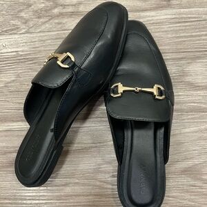 Old Navy Black Faux-Leather Mule Loafers with Gold Buckle